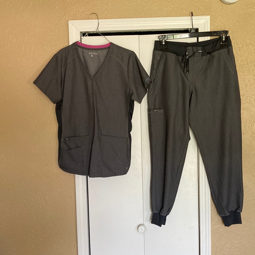Med Couture Gray Scrub Set with Pink Trim